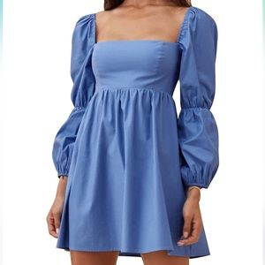 Dusty Blue Womens Square Neck Dress Puff Sleeve A-Line Casual Short Mini Dress